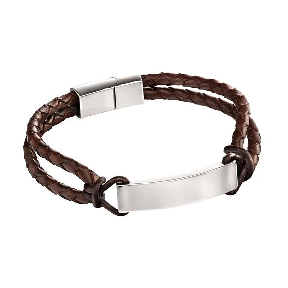Valentine's day gift idea for him: Stainless Steel & Brown Leather Engravable Rope Bracelet 