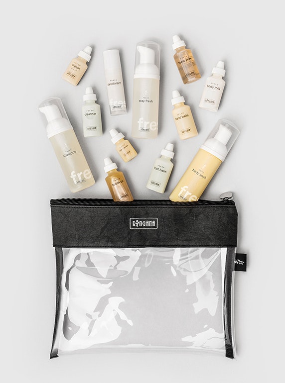 clear bag with an array of products above 