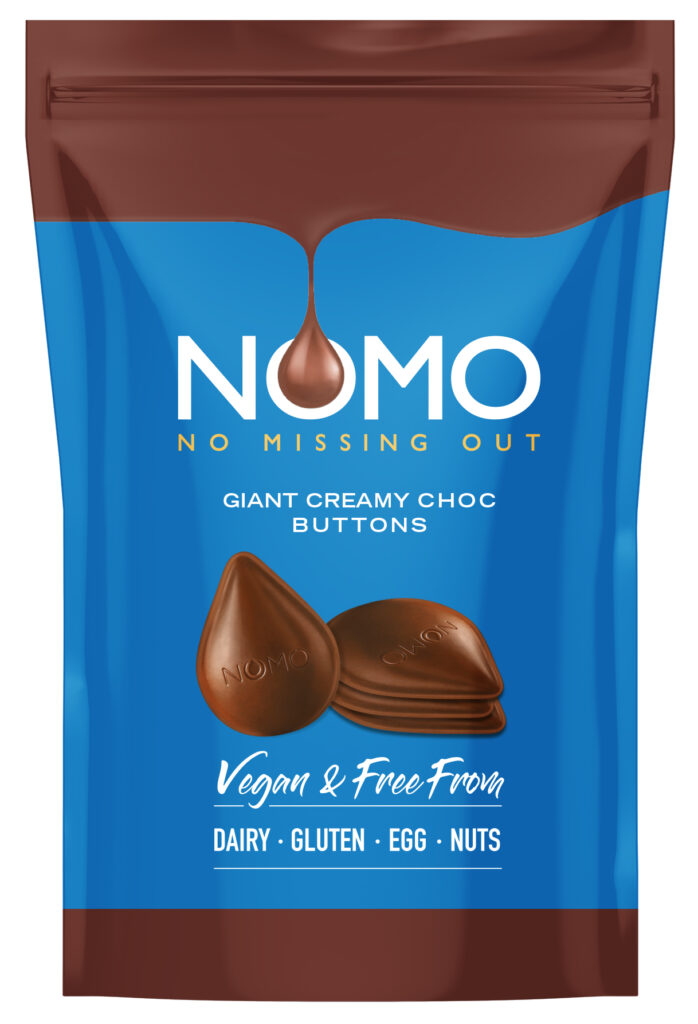 NOMO Giant Creamy choc buttons- blue packagin with chocolate drip