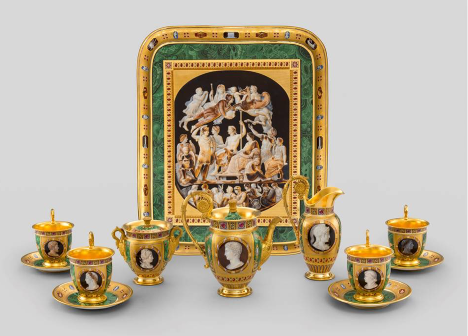 Sevres tea set commissioned by Louis XVIII for his nephew’s wife, the Duchess de Berry, Maria Carolina. Painted by Antoine Beranger in 1816, it is decorated with paintings of cameos from the Bibliotheque du Roi