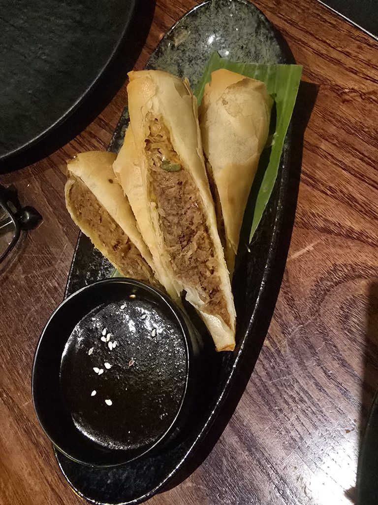 Duck spring rolls served as starters at Thai Square Minories restaurant.