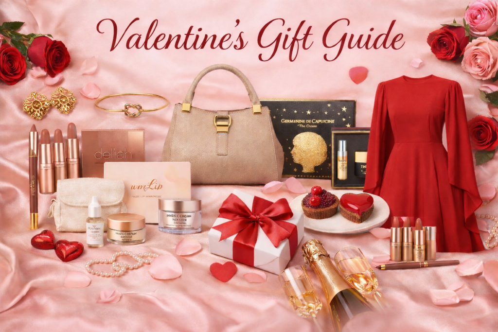 Valentine’s Gift Guide flat lay styled on a pastel pink background with delicate floral petals, showcasing luxury beauty, personalised prints, alcohol-free spirits, artisan honey, self-care cards and thoughtful gifting details arranged in a romantic, editorial composition.