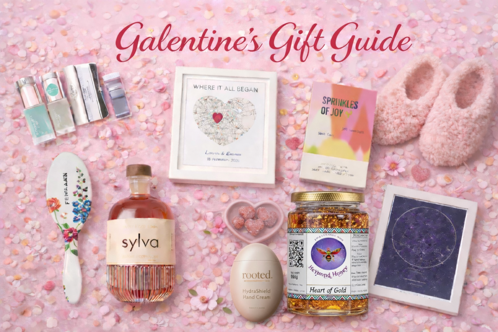 Galentine’s Gift Guide flat lay on a soft pink background with scattered flower petals, featuring Leighton Denny nail care, Rooted SPF hand cream, Denman floral hairbrush, Sylva alcohol-free spirit, BEeyond Honey Heart of Gold, Sprinkles of Joy self-care cards, personalised map print, star map, heart-shaped sweets and fluffy pink slippers.