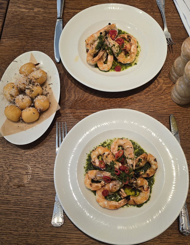 For our starters we orders and shared two dishes: the Black Truffle & Ricotta Croquettes with Parmigiano Reggiano shavings and the Grilled King Prawns with salsa verde, red chilli and lemon.